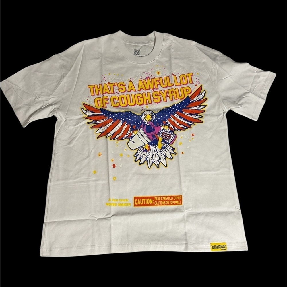 That’s an awful a lot of cough syrup White Graphic T-Shirt with Bold Text New